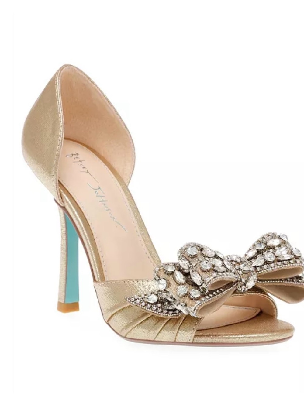 Betsey Johnson Landn Peep Toe Gold and Silver Rhinestone Bow Heels